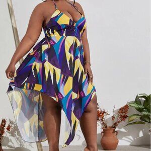 All Over Print Backless Asymmetrical Hem Dress 3X